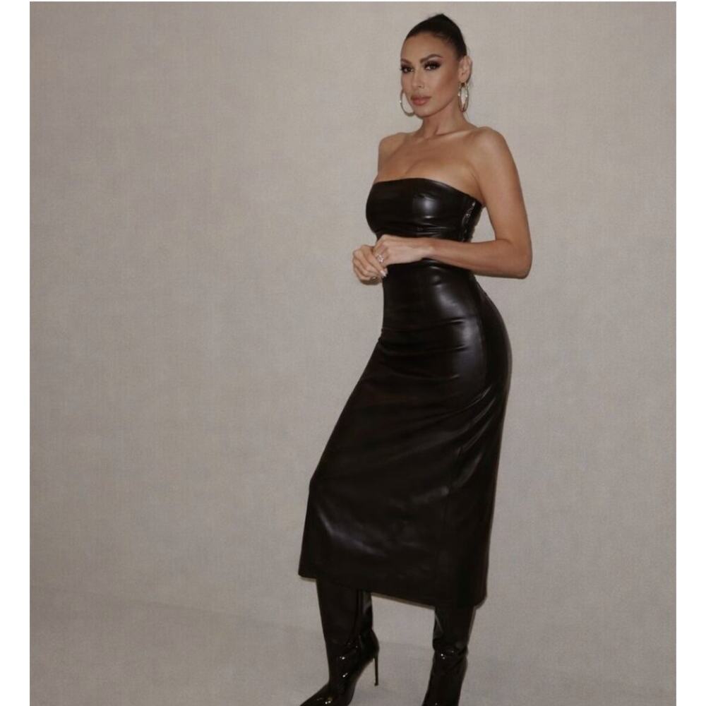 Zara Black Faux Leather Strapless Midi Dress XS - Picture 9 of 9